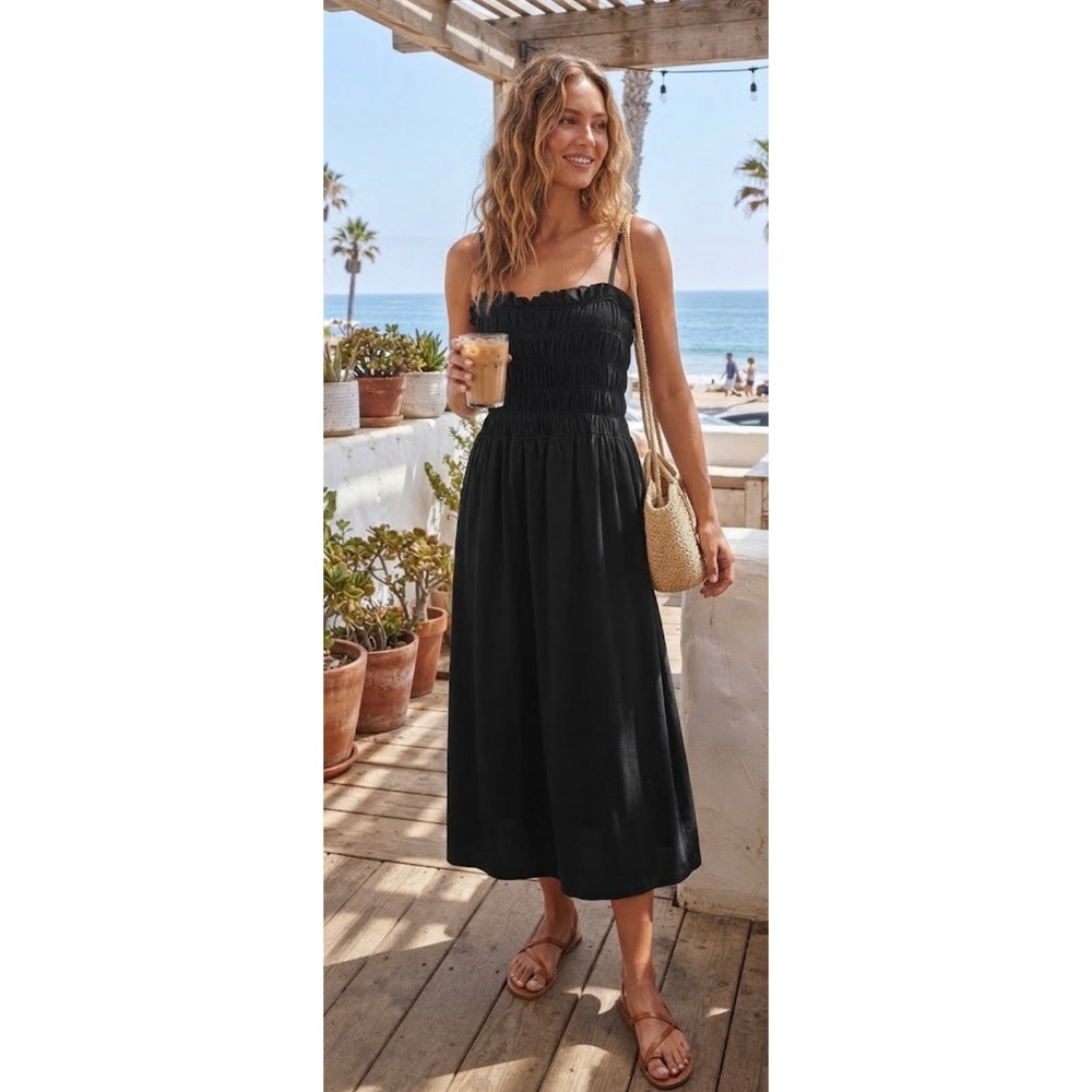 H&M Black 100% Cotton Smocked Ruffle Midi Dress Size Medium